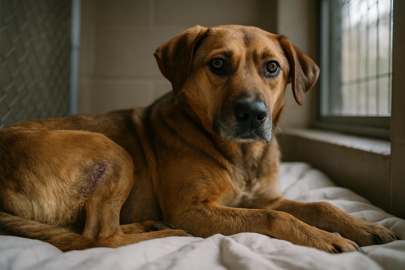 A mixed-breed dog resting on clean bedding in a shelter kennel, showing a healed scar on its flank.