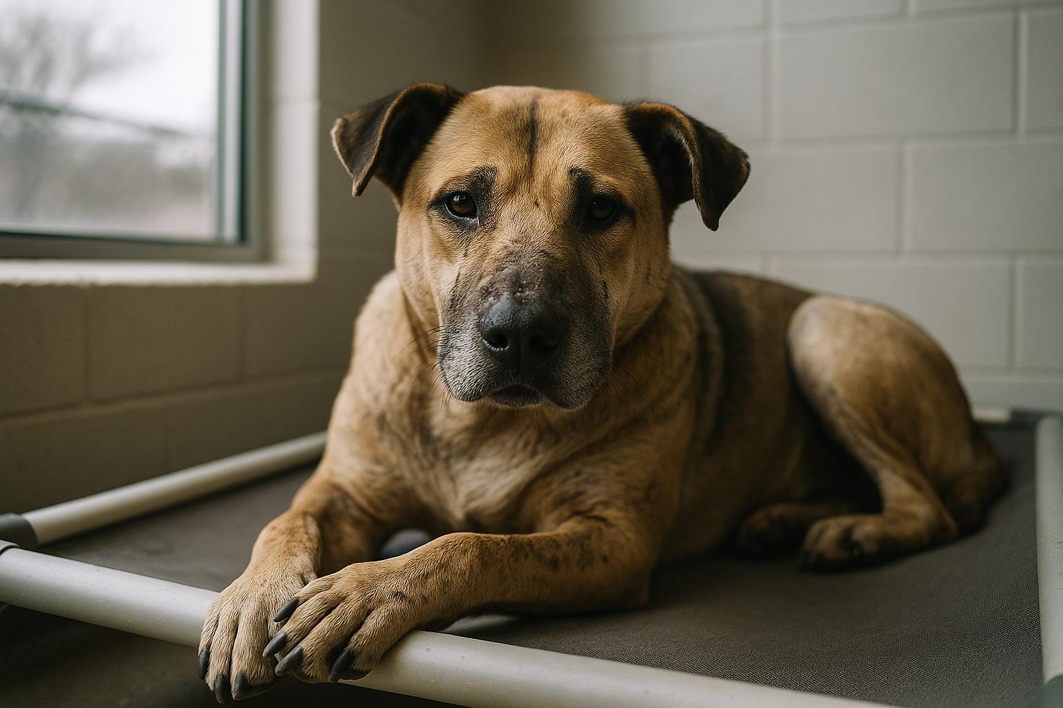 A scarred mixed-breed dog lying on a bed inside a shelter kennel, calm expression, soft diffused light