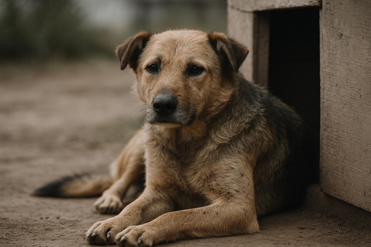 A calm mixed-breed dog with a rough coat and subtle healed scars rests beside a simple outdoor shelter; chain removed, photographed in soft overcast light.
