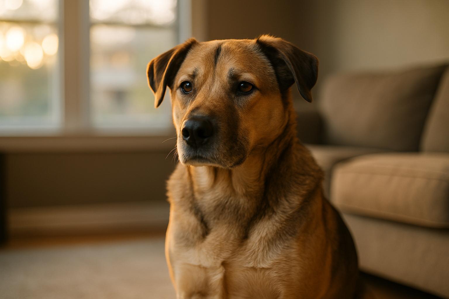 Adult mixed-breed dog sitting calmly in a sunlit living room, portrait-style photograph