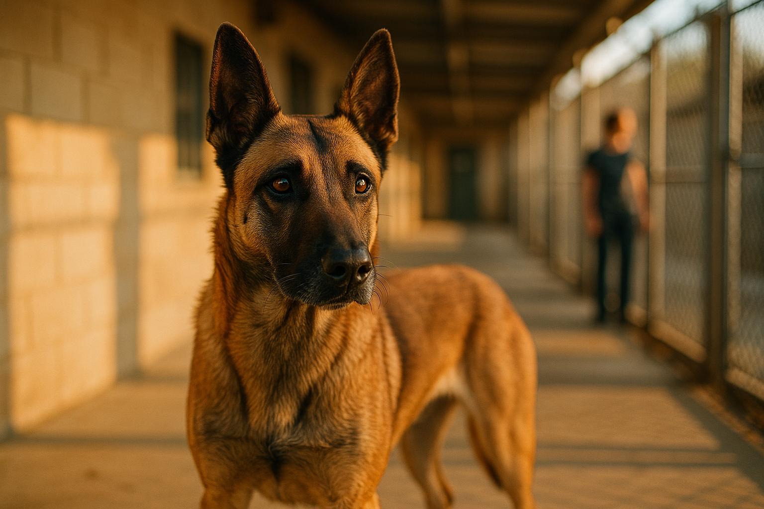 Belgian Malinois standing in a shelter enclosure with natural fur texture, kennels in the background