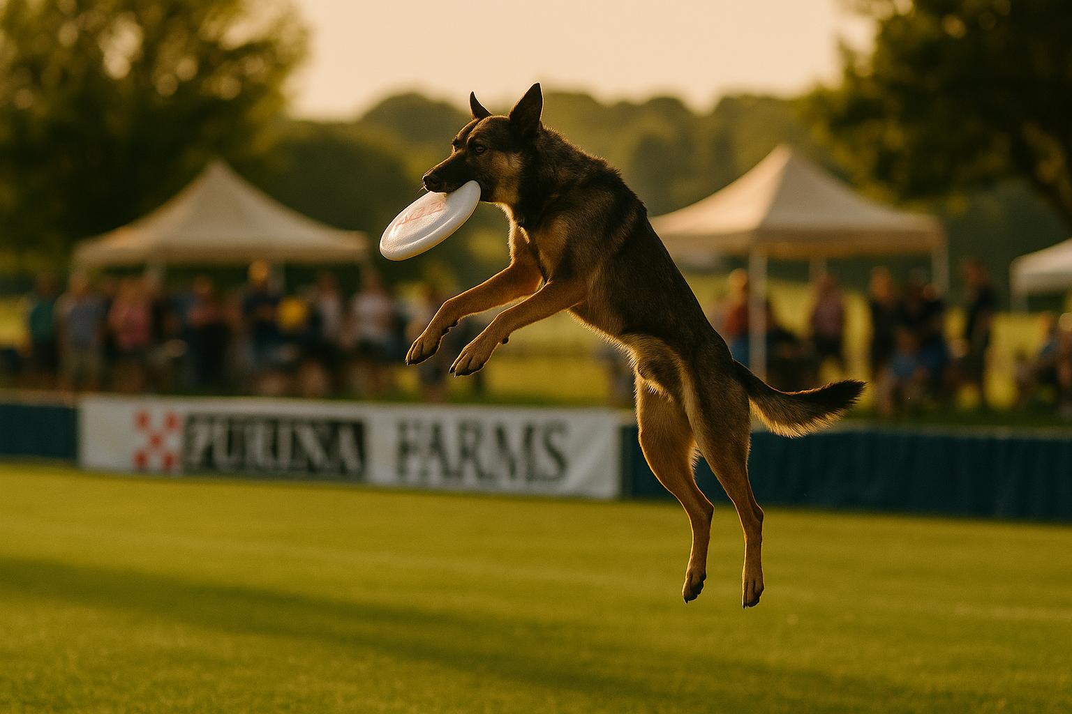 A dog mid-air during a high-flying disc routine at Purina Farms, St. Louis, at golden hour.
