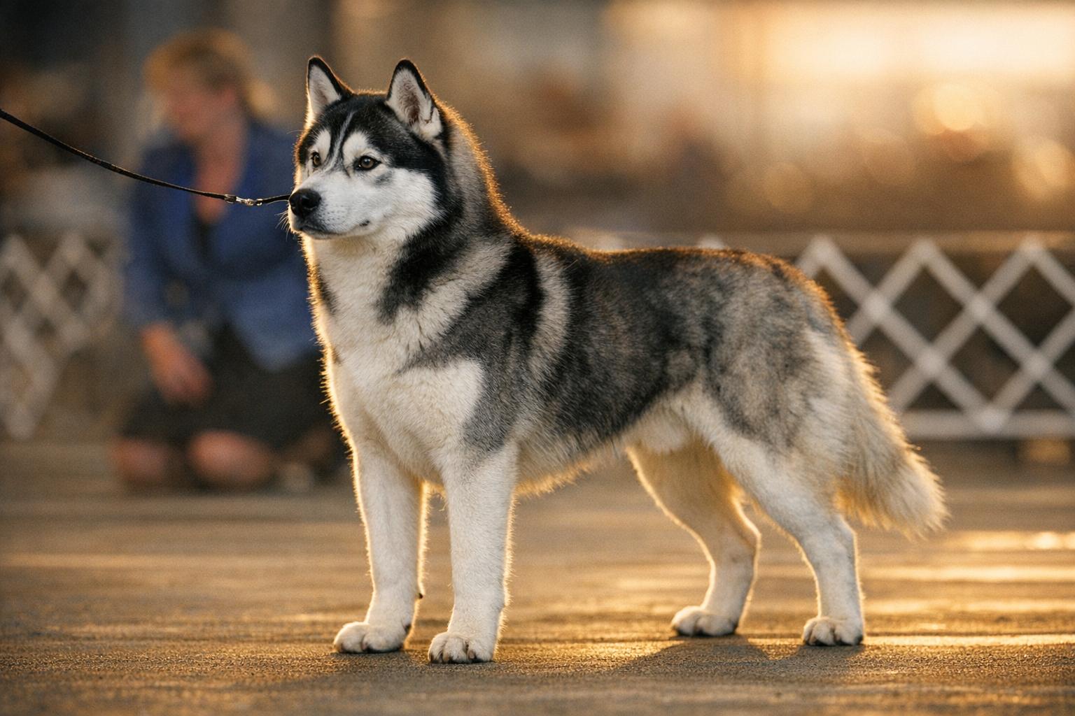 A show-quality dog standing in a ring during a conformation event, handler blurred in the background