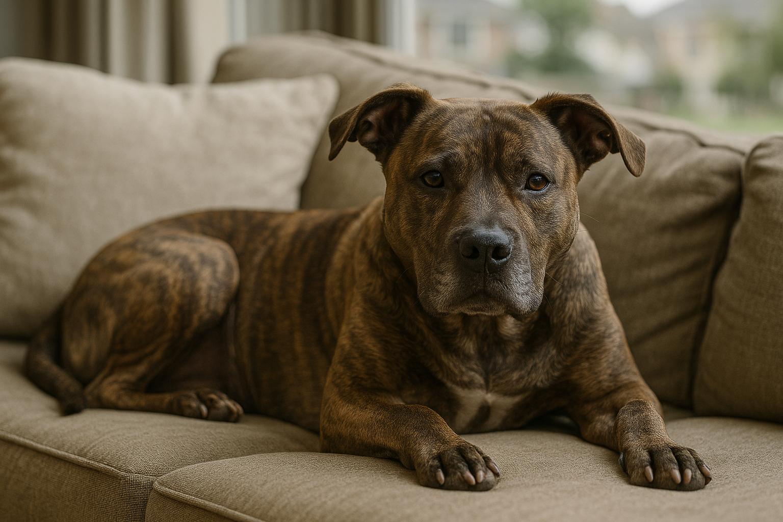 Abner, a 6-year-old pitbull mix, lying calmly on a couch during a shelter sleepover