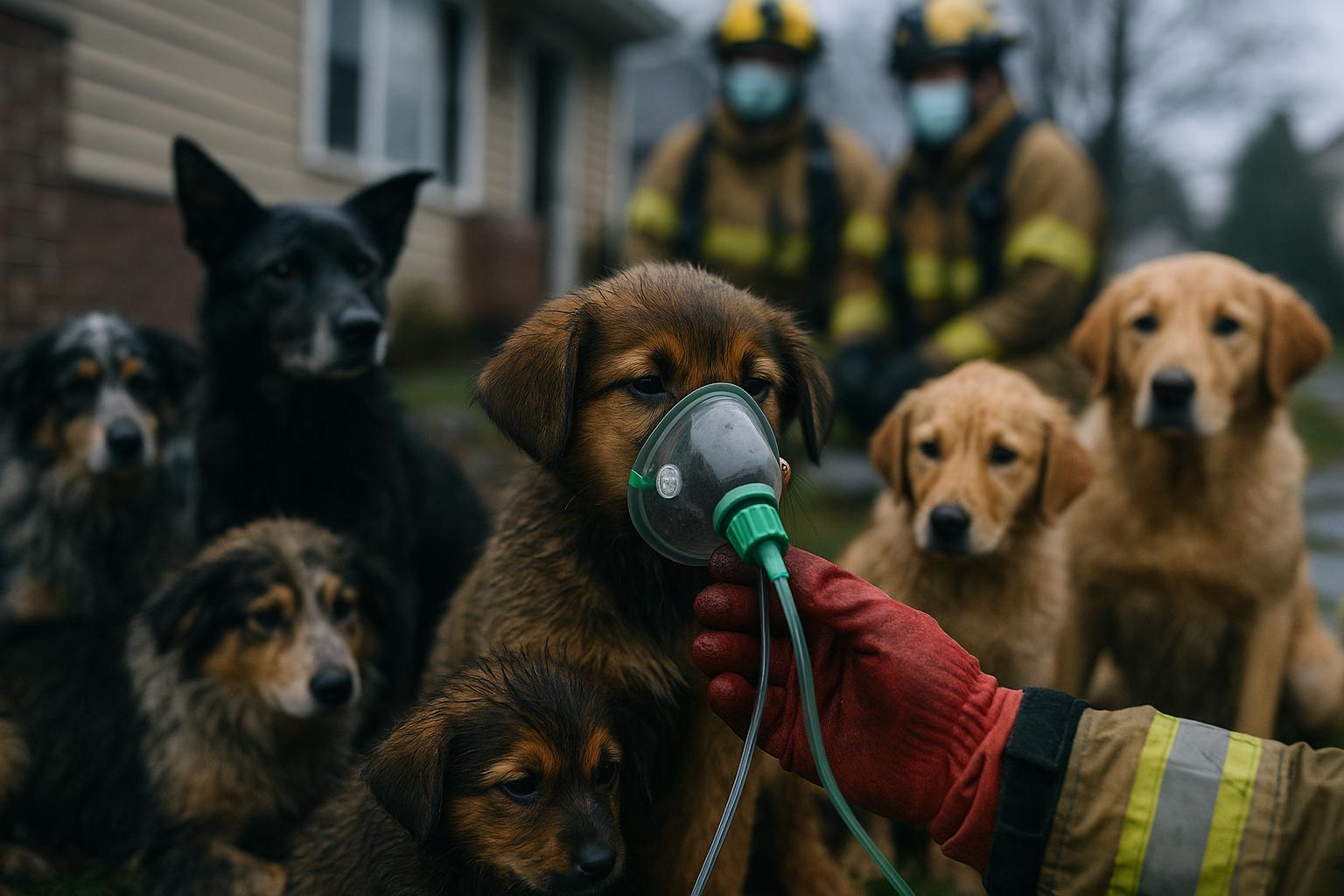 A puppy receiving oxygen from a responder outside a house after a fire, other dogs and responders in the background