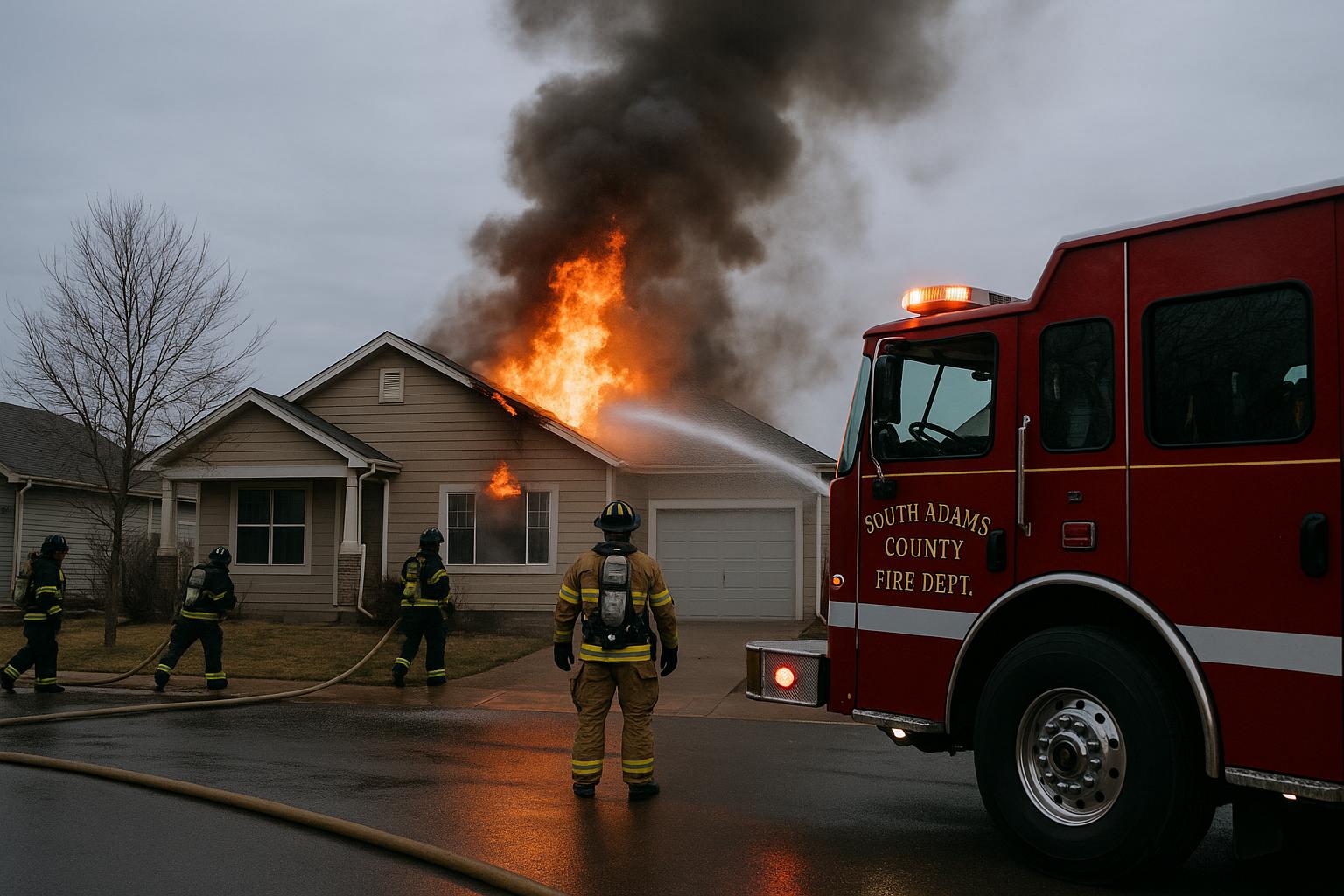 Fire engine and firefighters outside a suburban house with smoke rising from the roof, early morning scene