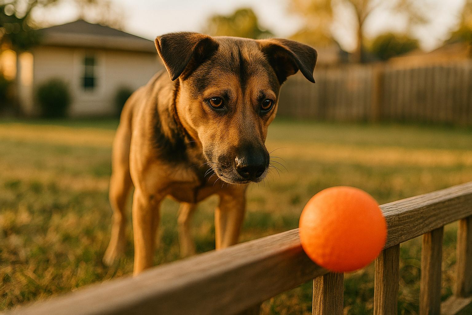 A medium-sized working-breed dog intensely focused on a ball behind a low fence in a backyard at golden hour, shallow depth of field.