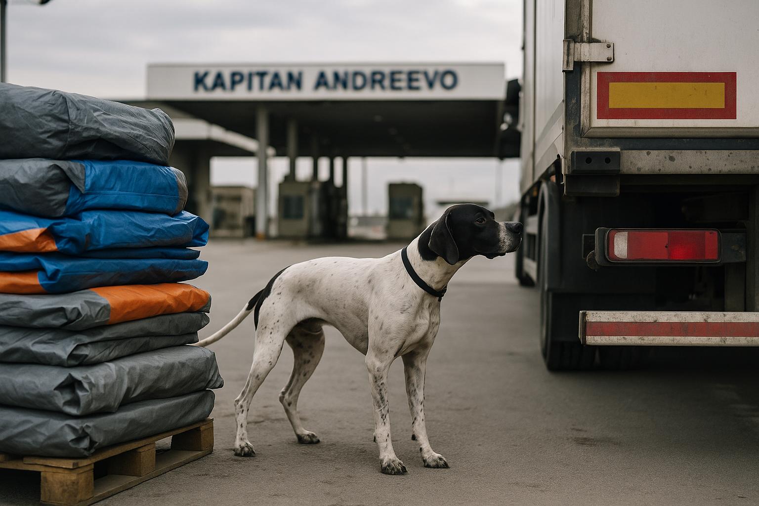 Adele, an English pointer sniffer dog, at a lorry inspection area at Kapitan Andreevo border control point