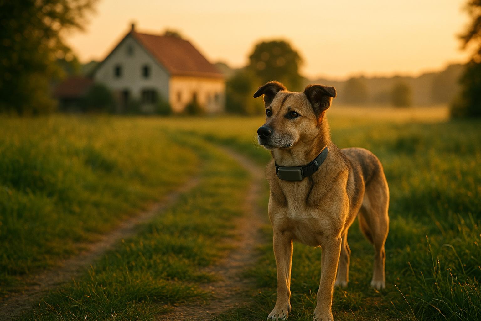 A dog wearing a smart collar on a grassy path in a countryside town at golden hour