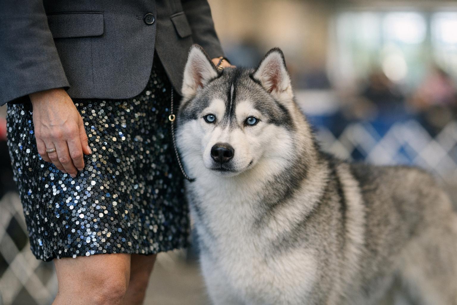 Siberian husky next to a sequined-clad handler in a convention center show ring
