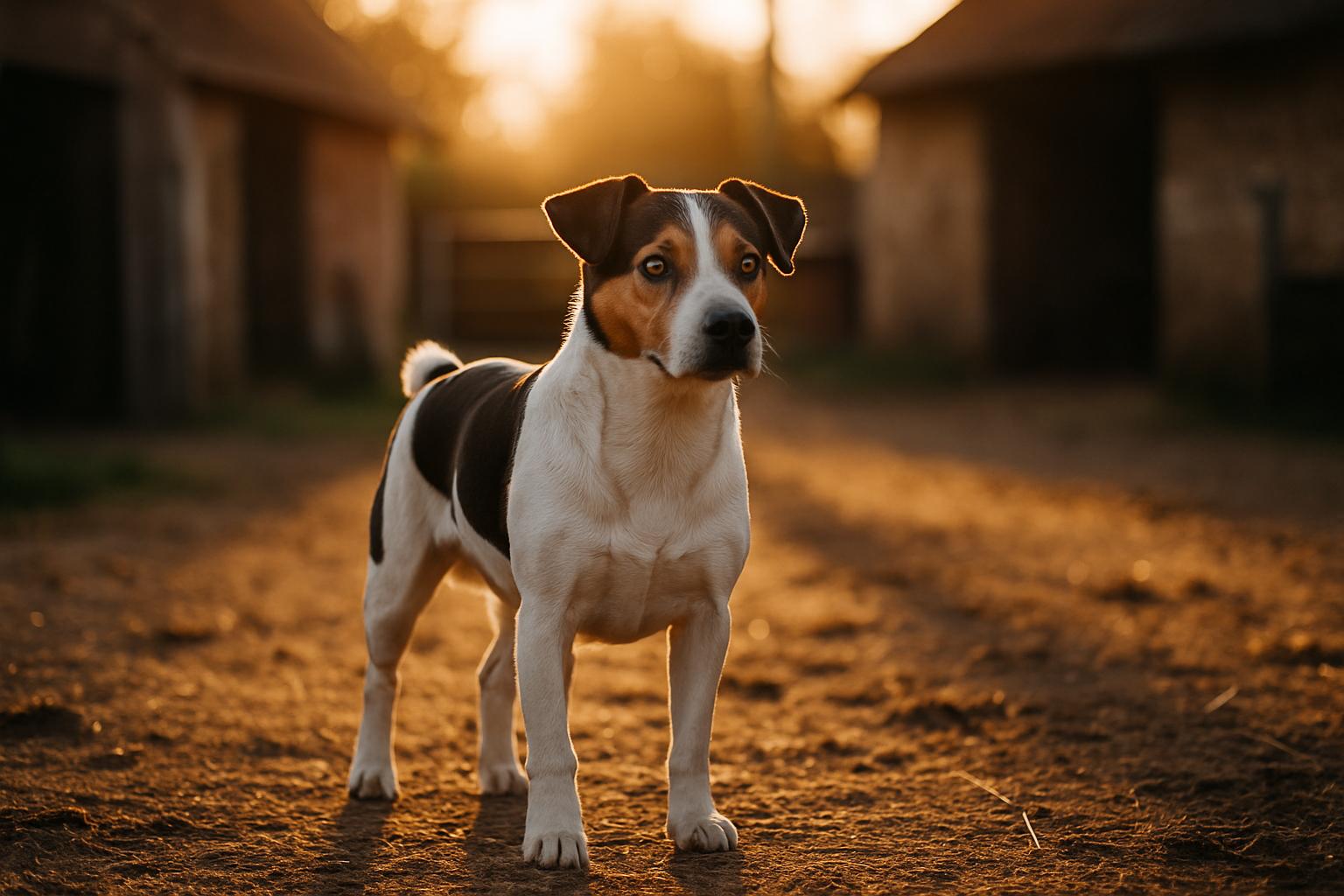 Danish‑Swedish Farmdog standing alert in a farmyard at golden hour, showing compact build and short coat