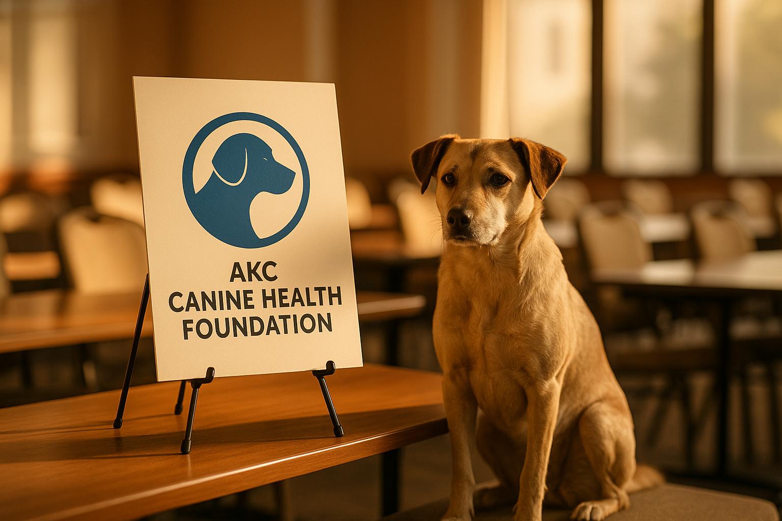 Conference room table with AKC Canine Health Foundation poster and a calm mixed-breed dog sitting beside it, sunlight through the windows