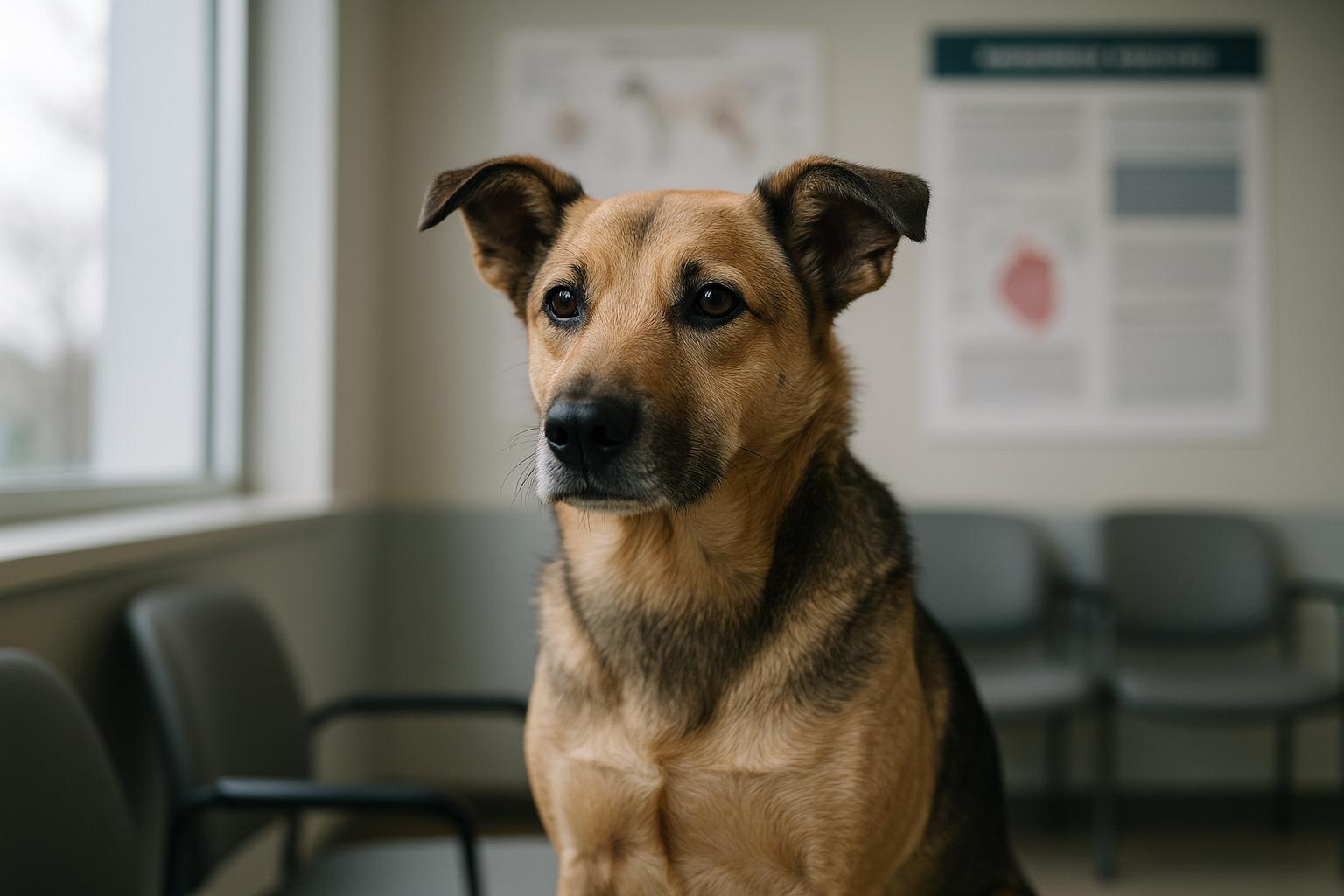 A healthy adult dog in a veterinary research clinic waiting area, photographed documentary-style in soft window light.