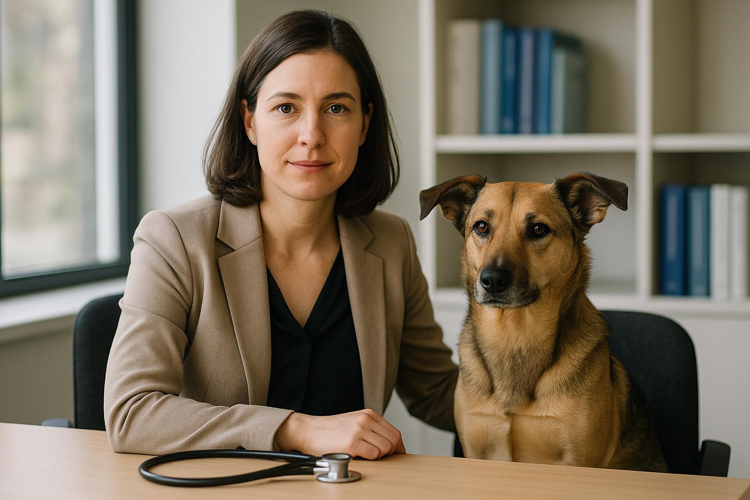 Dr. Stephanie Montgomery seated in an office beside a healthy medium-sized mixed-breed dog, natural window light