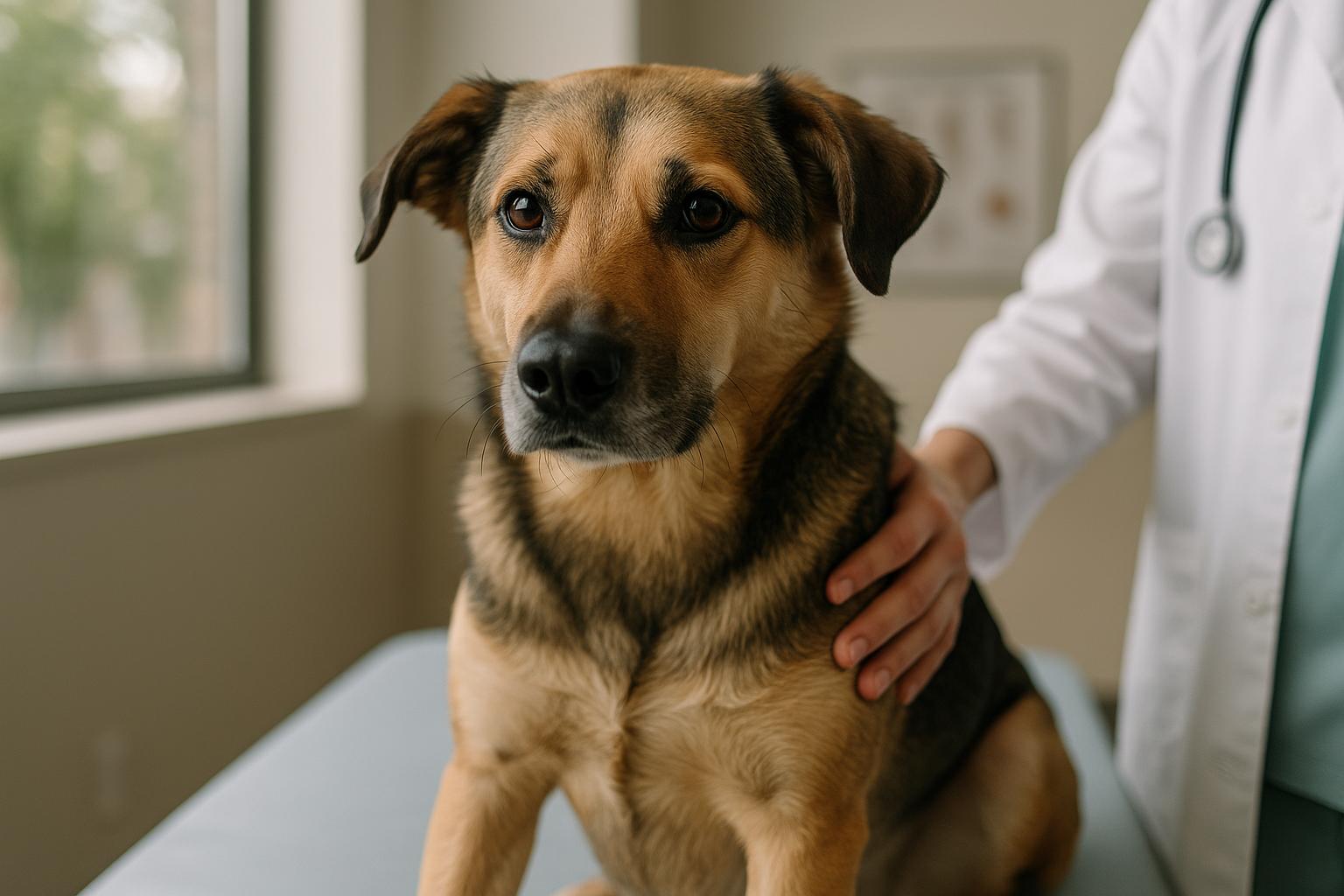 Mixed-breed adult dog sitting on a veterinary examination table under soft natural light, close-up portrait