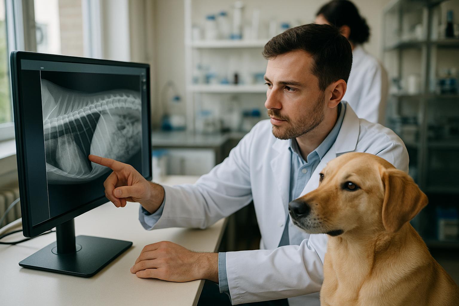 Veterinary researcher at a clinic viewing a dog spinal radiograph on a monitor while a calm dog sits nearby
