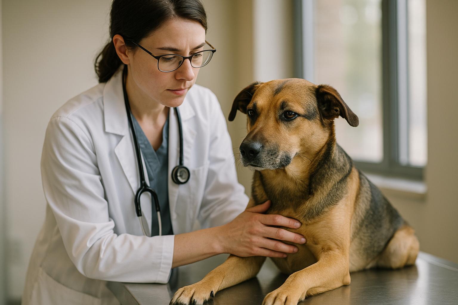 Veterinary researcher examining a calm medium-sized dog on an exam table in natural window light