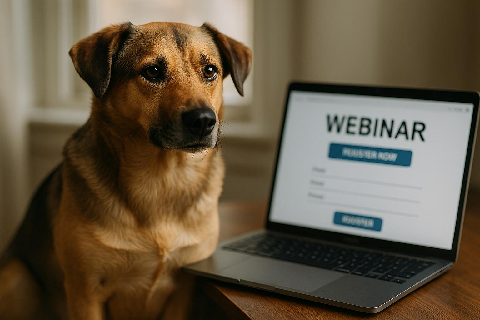 A medium-sized mixed-breed dog sitting beside a laptop showing a webinar page, photographed indoors with soft natural light.