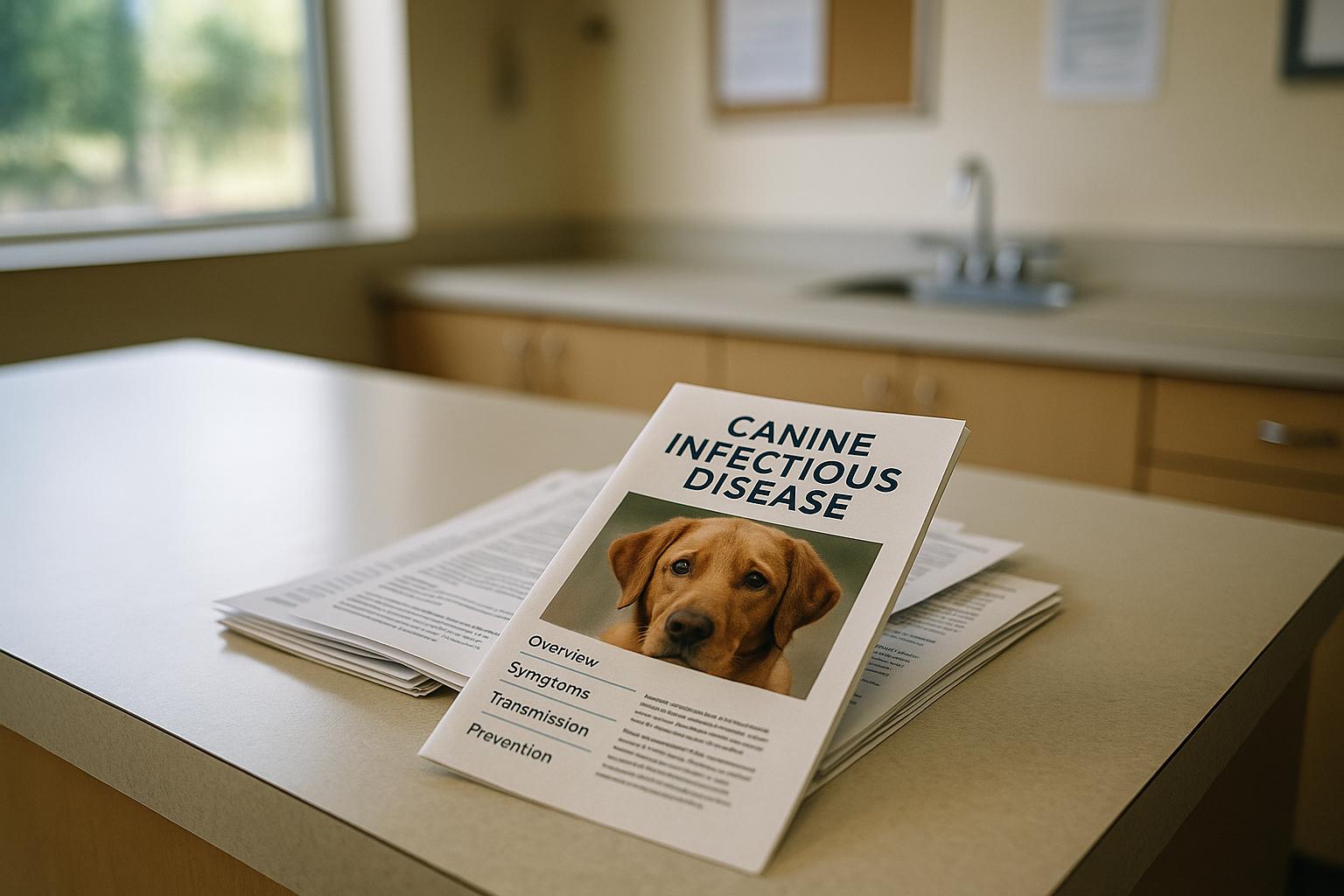 Brochures on a veterinary clinic counter about canine infectious disease, softly lit by window light