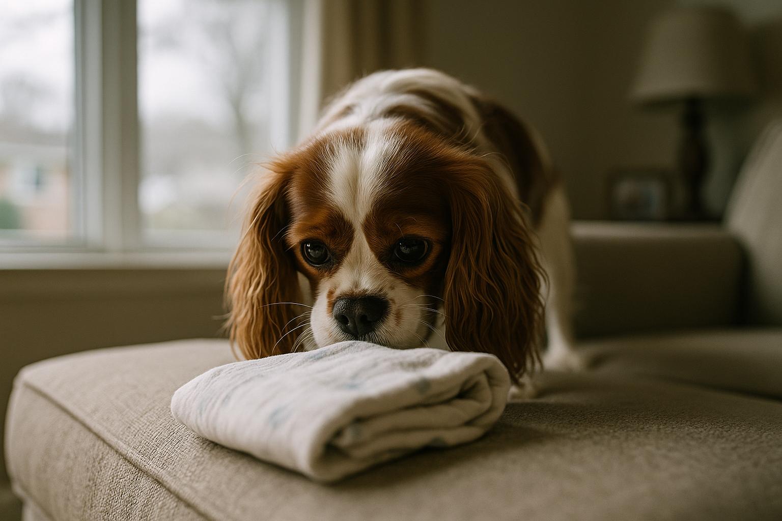 Cavalier King Charles Spaniel sniffing a folded baby blanket on a couch in soft natural light