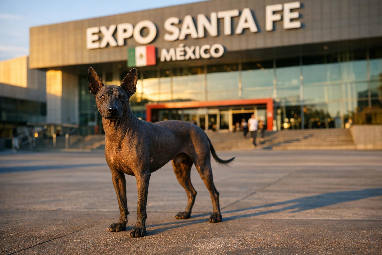 An adult Xoloitzcuintle standing in front of the Santa Fe Expo Center in Mexico City at golden hour.