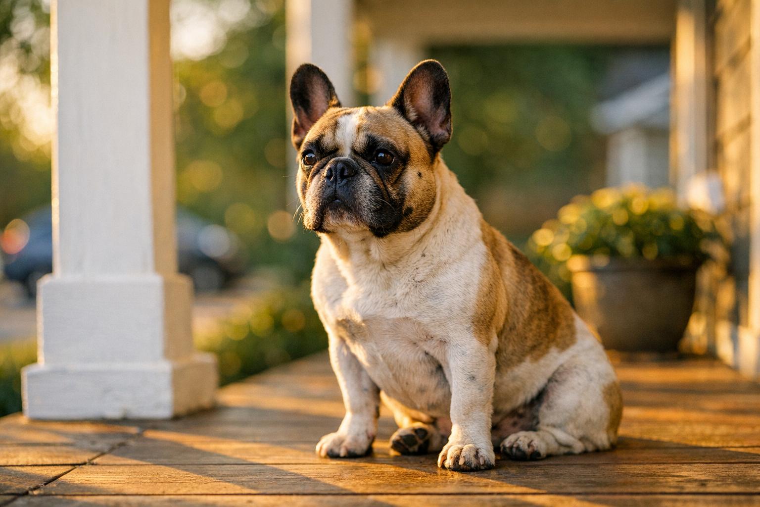 French Bulldog sitting on a front porch in golden hour light, portrait-style photojournalistic image