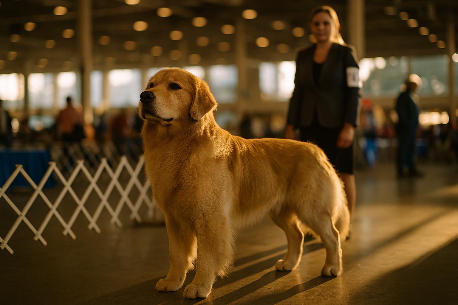 A golden retriever poised in a conformation ring at a busy indoor dog show, handler blurred in the background.