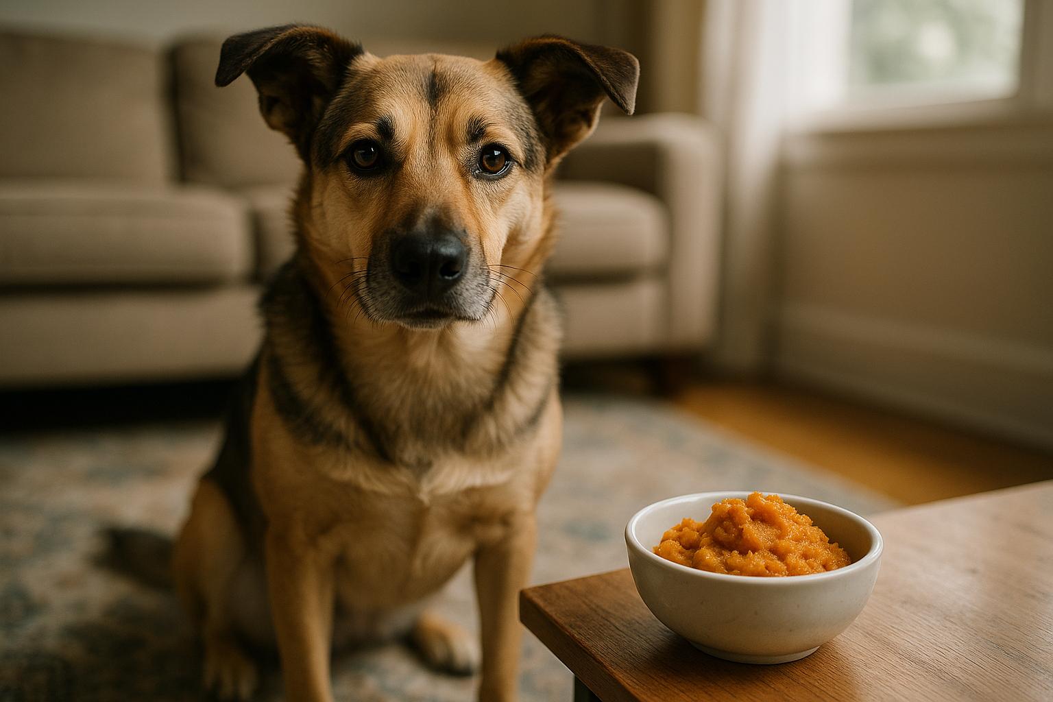 Medium-sized mixed-breed dog sitting calmly by a small bowl of plain pumpkin on a living room rug