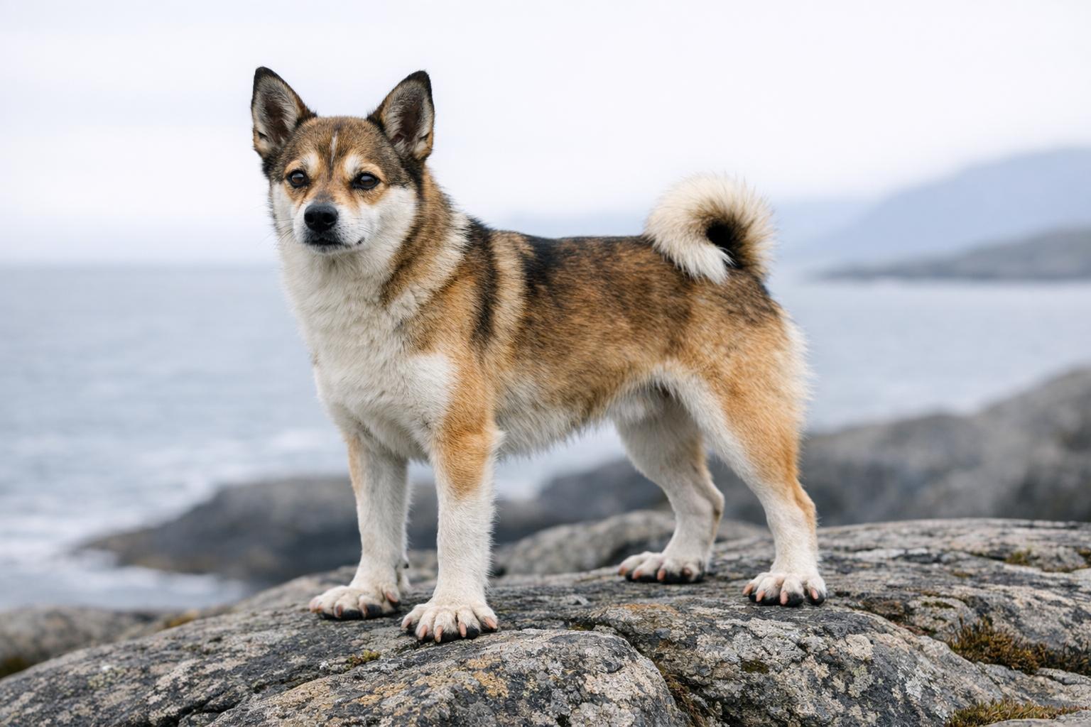Norwegian Lundehund standing on a rocky coastal outcrop in Norway showing its six-toed feet and compact build