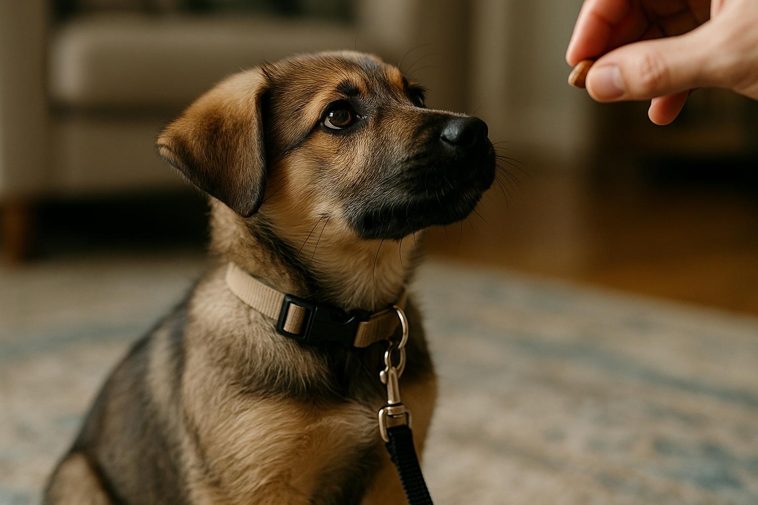 Young mixed-breed puppy wearing a collar and leash in a living room during a leash-training session