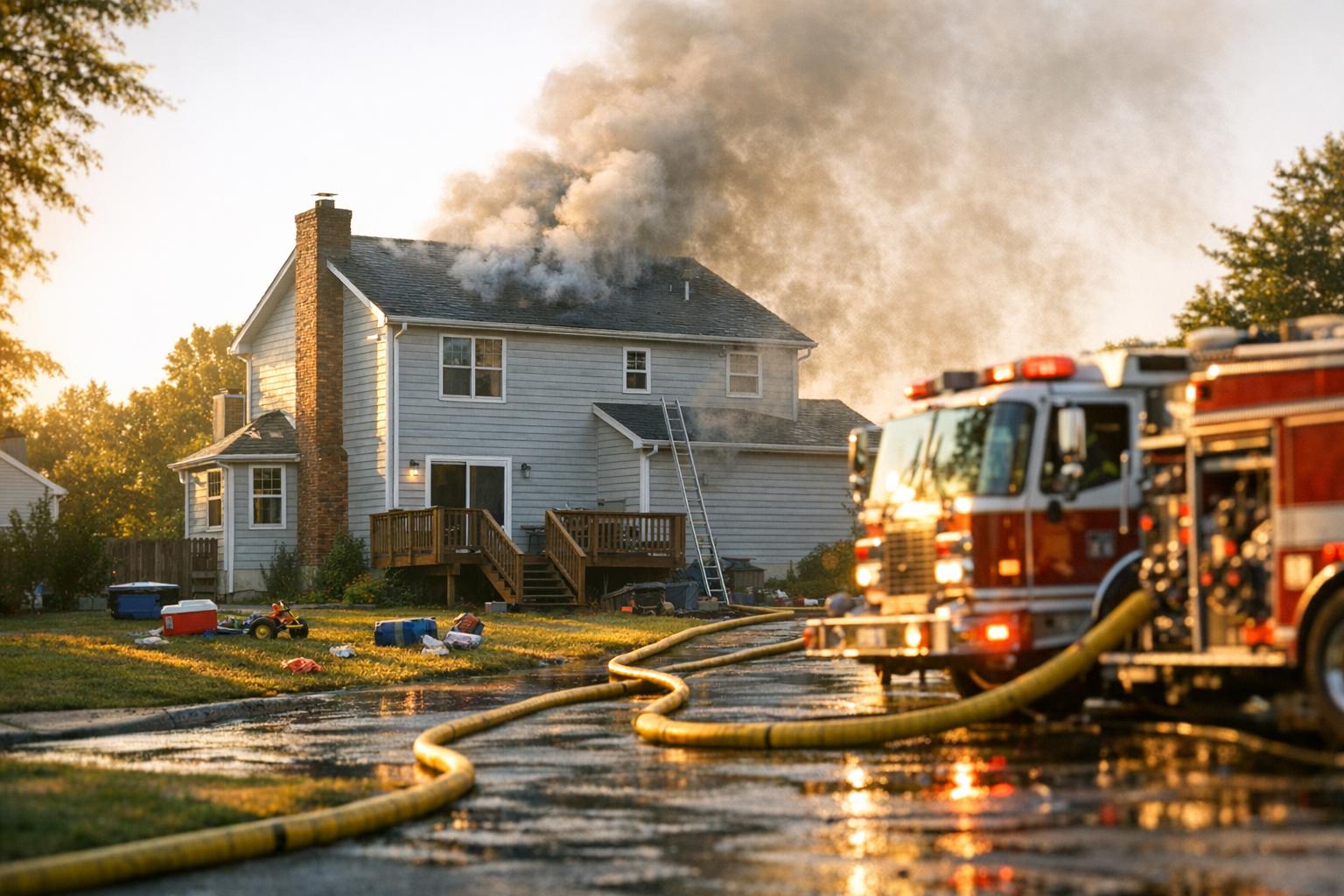 Two-story home on Davies Avenue with smoke visible at the rear and a fire engine parked in front during response