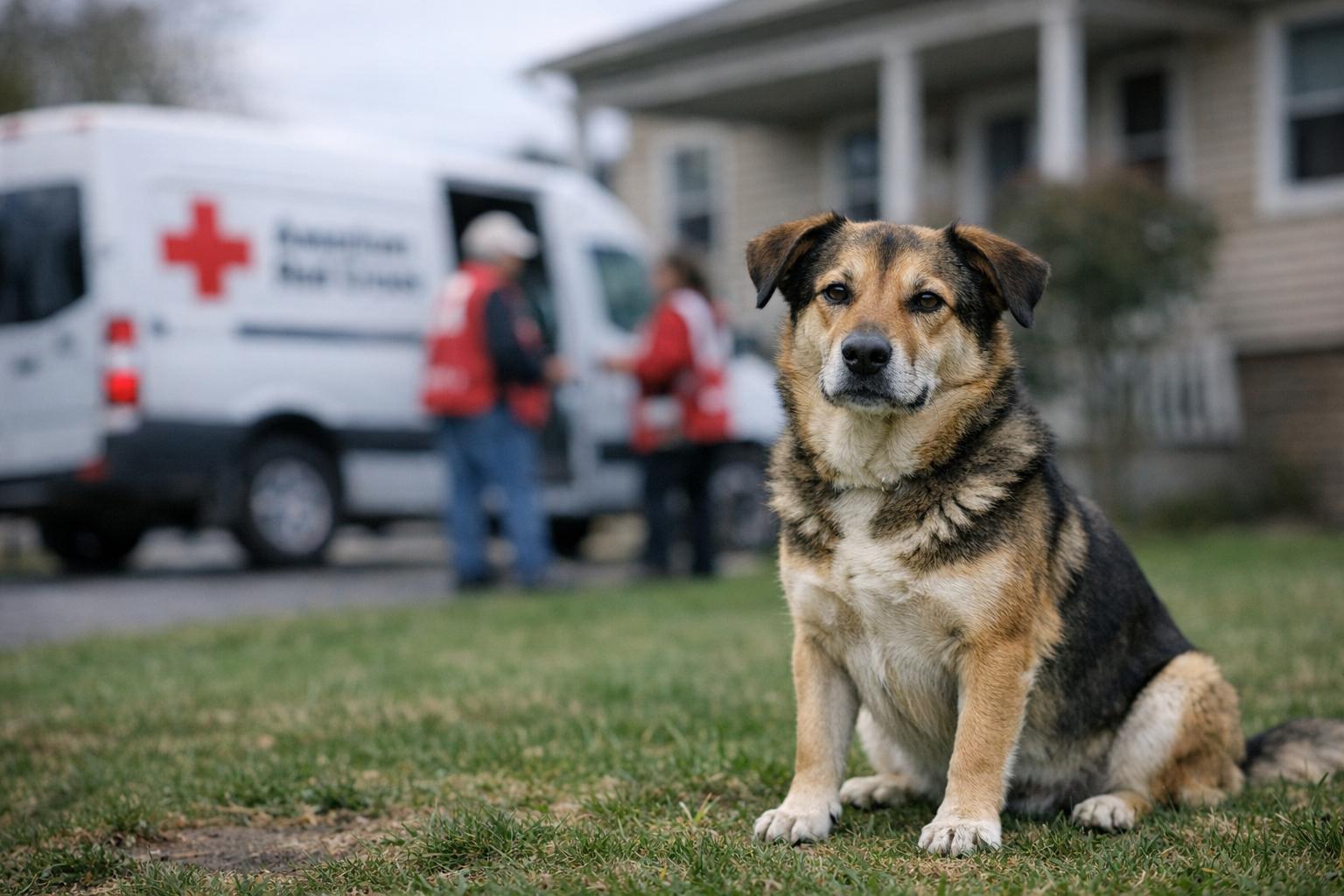 A medium-sized mixed-breed dog sits on the lawn of a multi-unit house with a blurred Red Cross vehicle in the background.