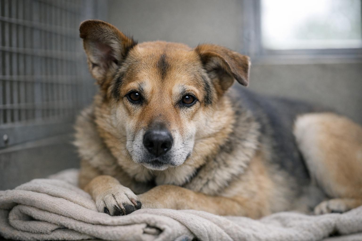 A medium-sized domestic dog resting in a shelter kennel under soft diffused light.