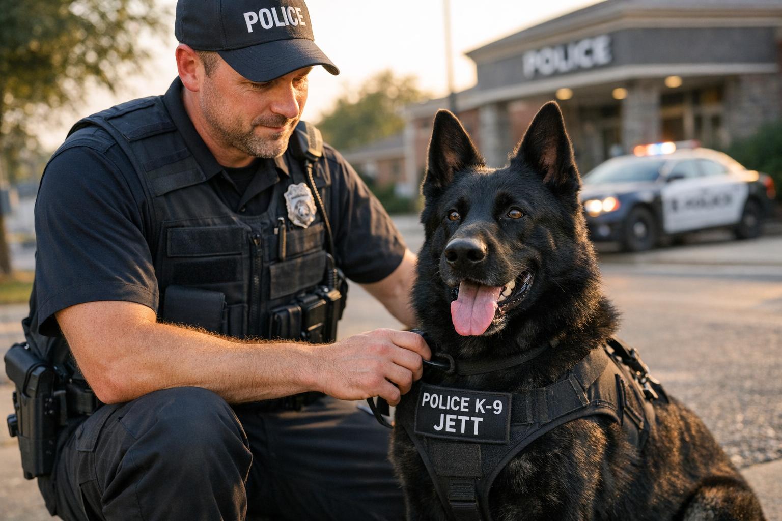 K-9 handler Bryant Letsinger with his police dog Jett outside the Florence Police Department during training