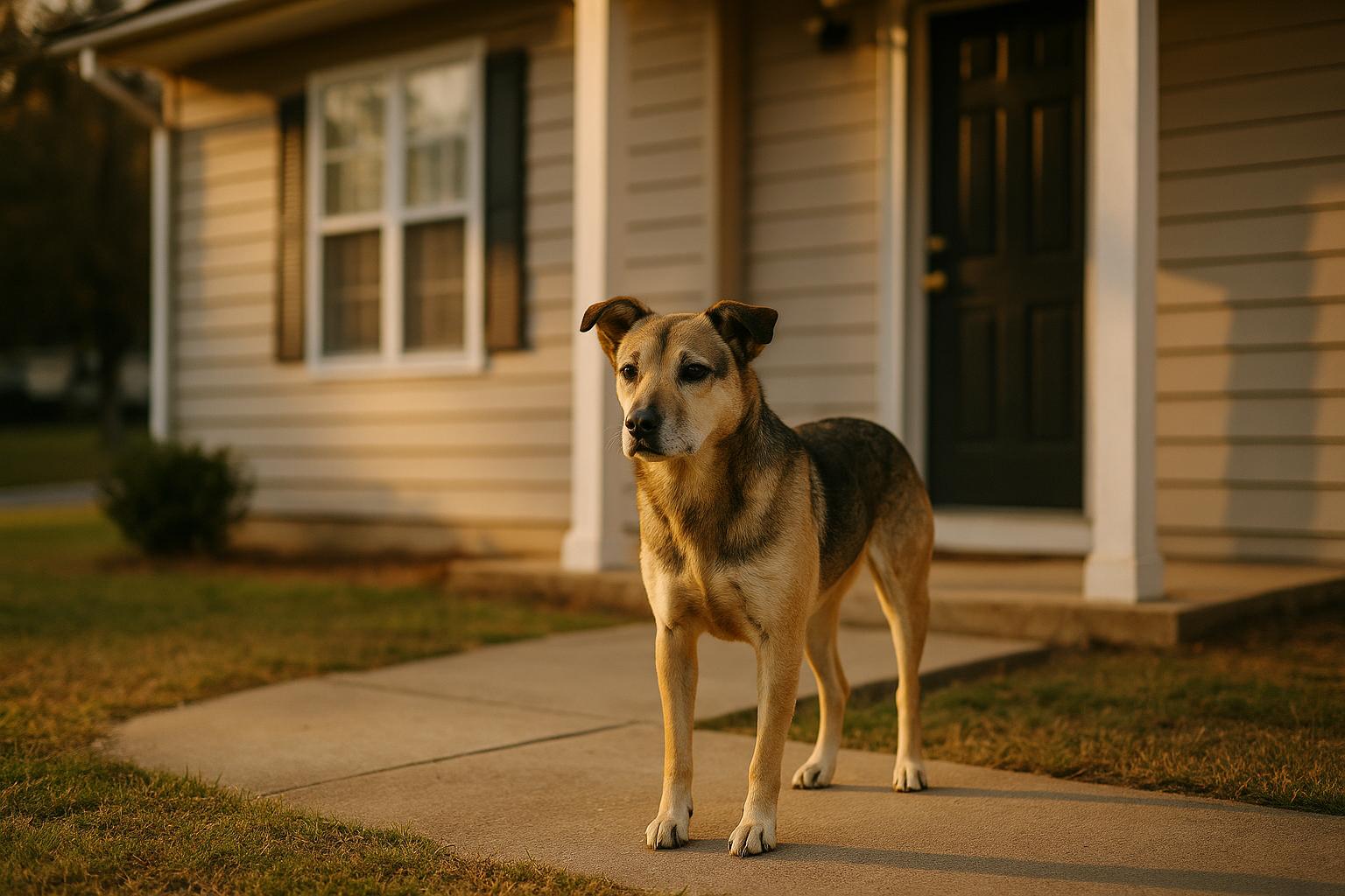 A calm mixed-breed dog standing on a suburban front porch in Cartersville, Georgia, in soft late-afternoon light