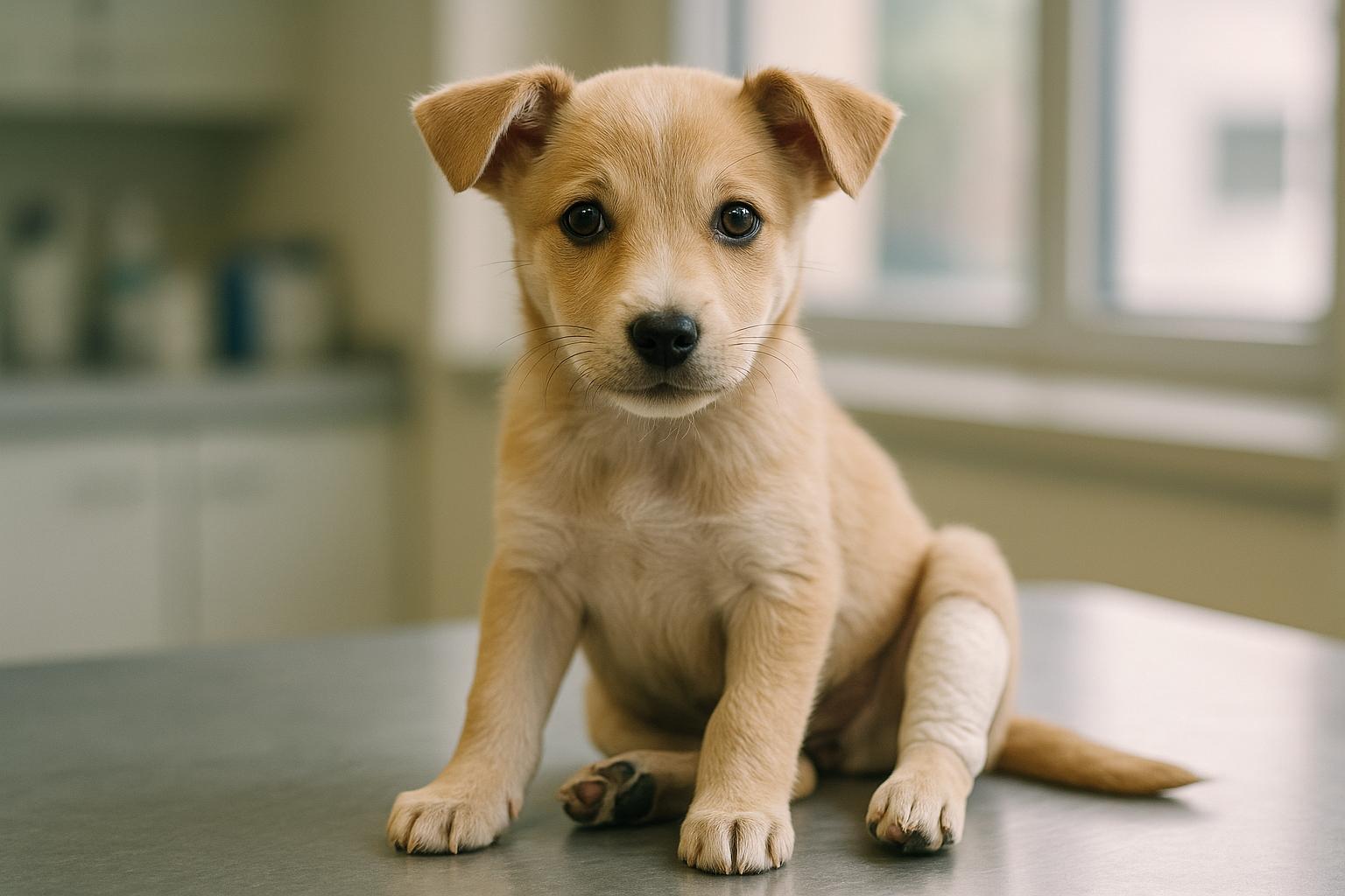 Small mixed-breed puppy with a bandaged hind leg resting on a veterinary exam table under soft window light