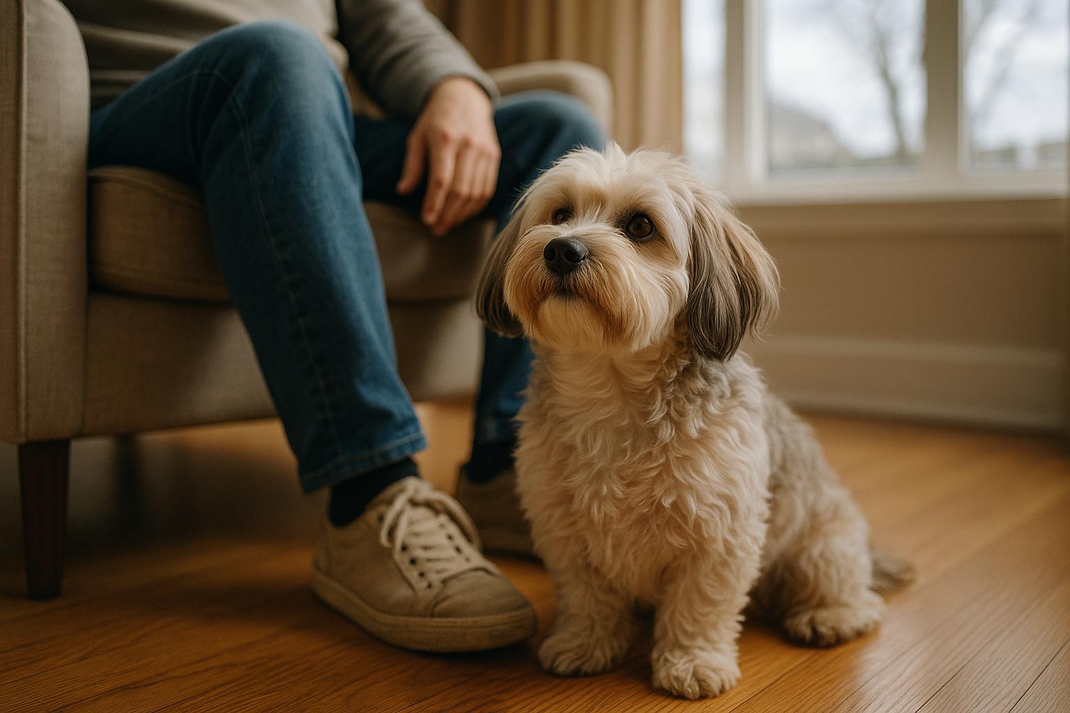 Two-year-old Havanese sitting at its owner's feet in a sunlit living room, looking up attentively