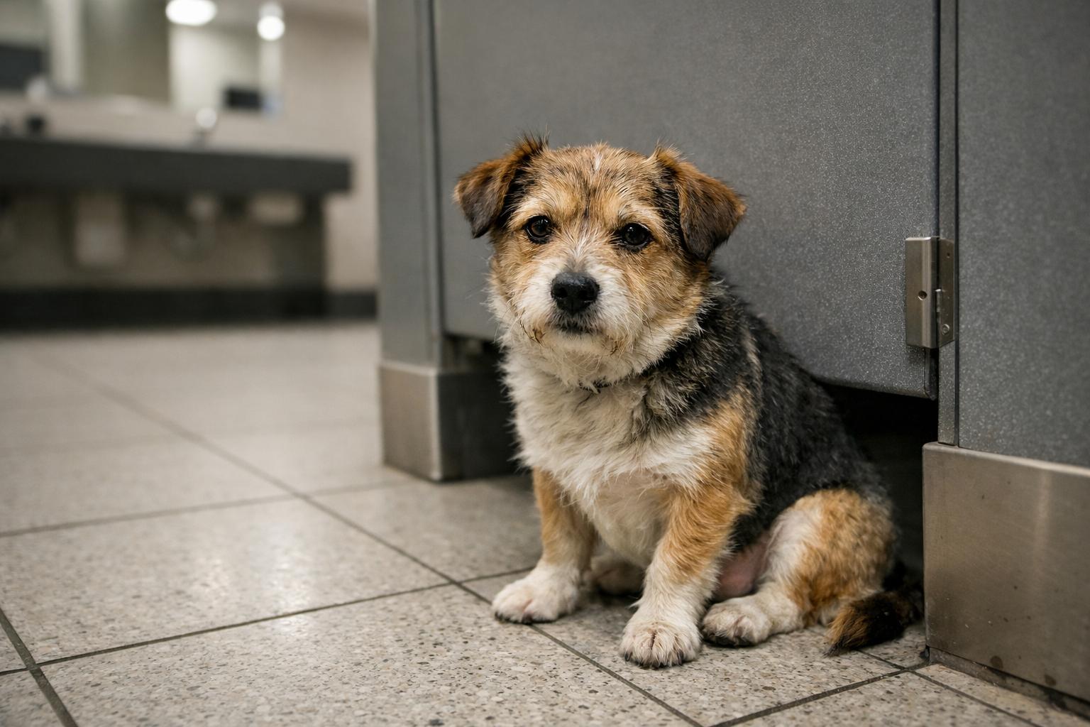 Small dog sitting on airport restroom floor near a closed stall, soft overhead light, documentary-style photo