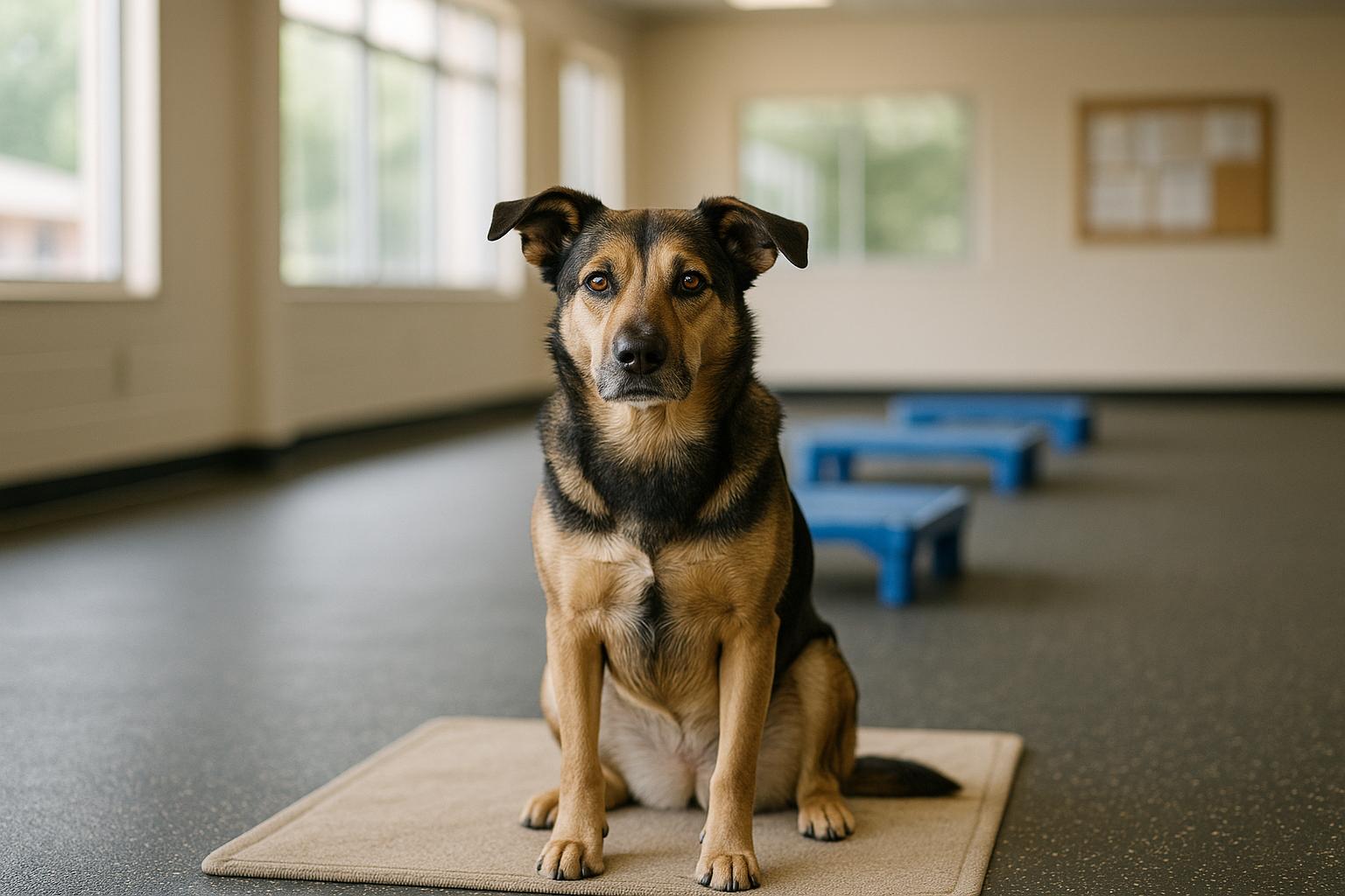 A relaxed mixed-breed dog sitting on a mat in a bright, air-conditioned training room