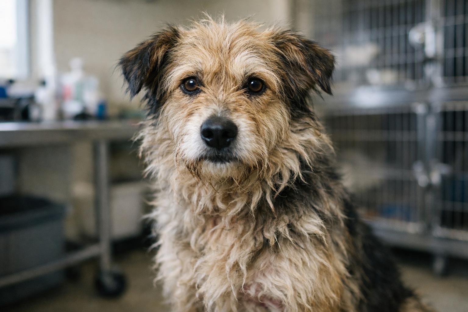 A matted-fur mixed-breed dog sitting in a shelter exam room under soft natural light