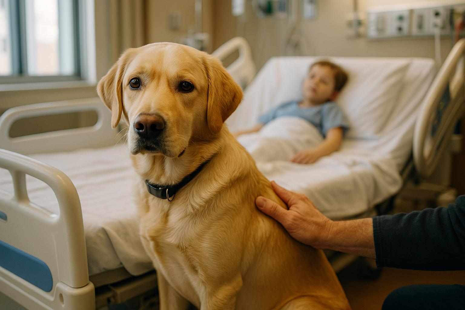 Jimmy, a two-year-old mixed-breed facility dog (half Labrador, half golden retriever), sitting beside a hospital bed in a pediatric care unit