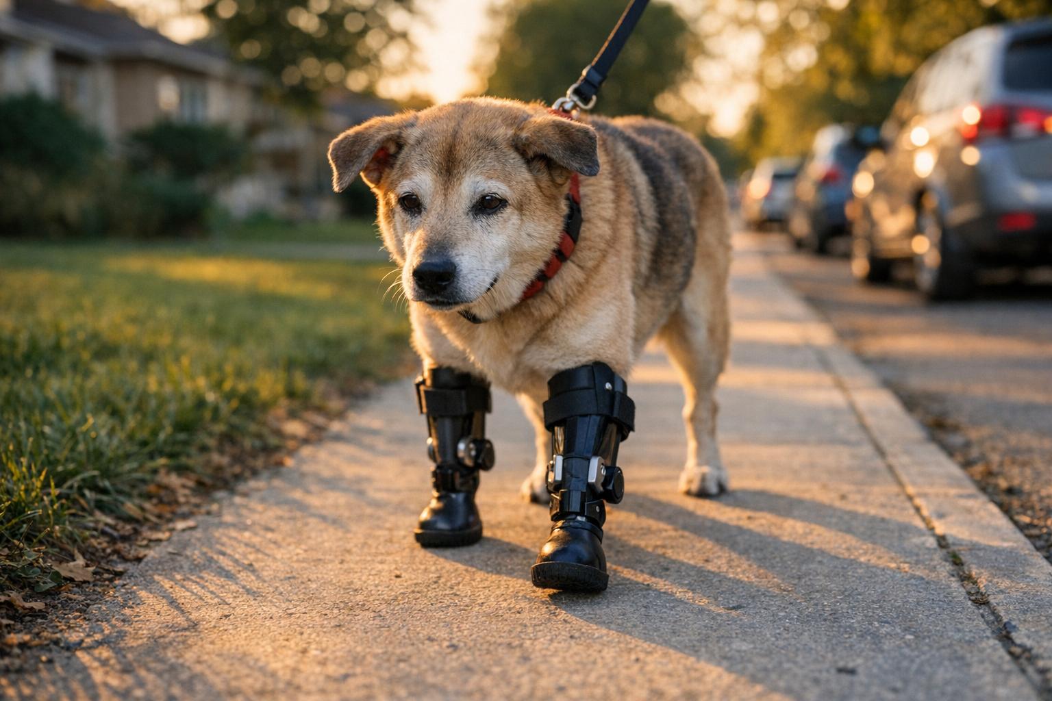 Amira, a senior street dog from Thailand, walking on prosthetic front legs on a Vaudreuil-Dorion sidewalk during golden hour