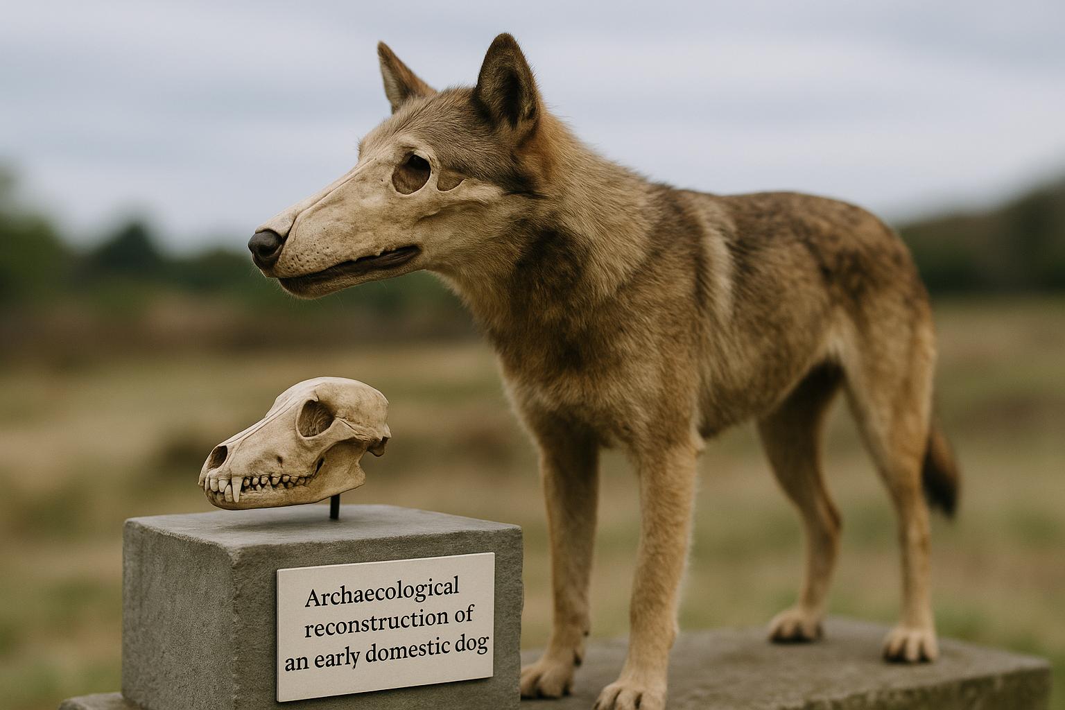 Reconstructed early domestic dog skull on display outdoors, showing elongated snout and varied cranial features