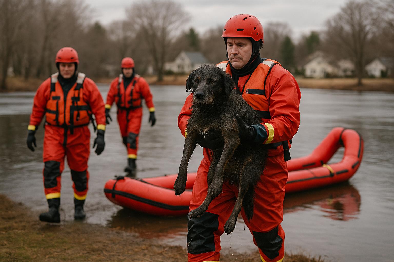 Firefighters in cold-water rescue suits carry a wet dog from a rescue craft to shore at a partially frozen pond in Andover.