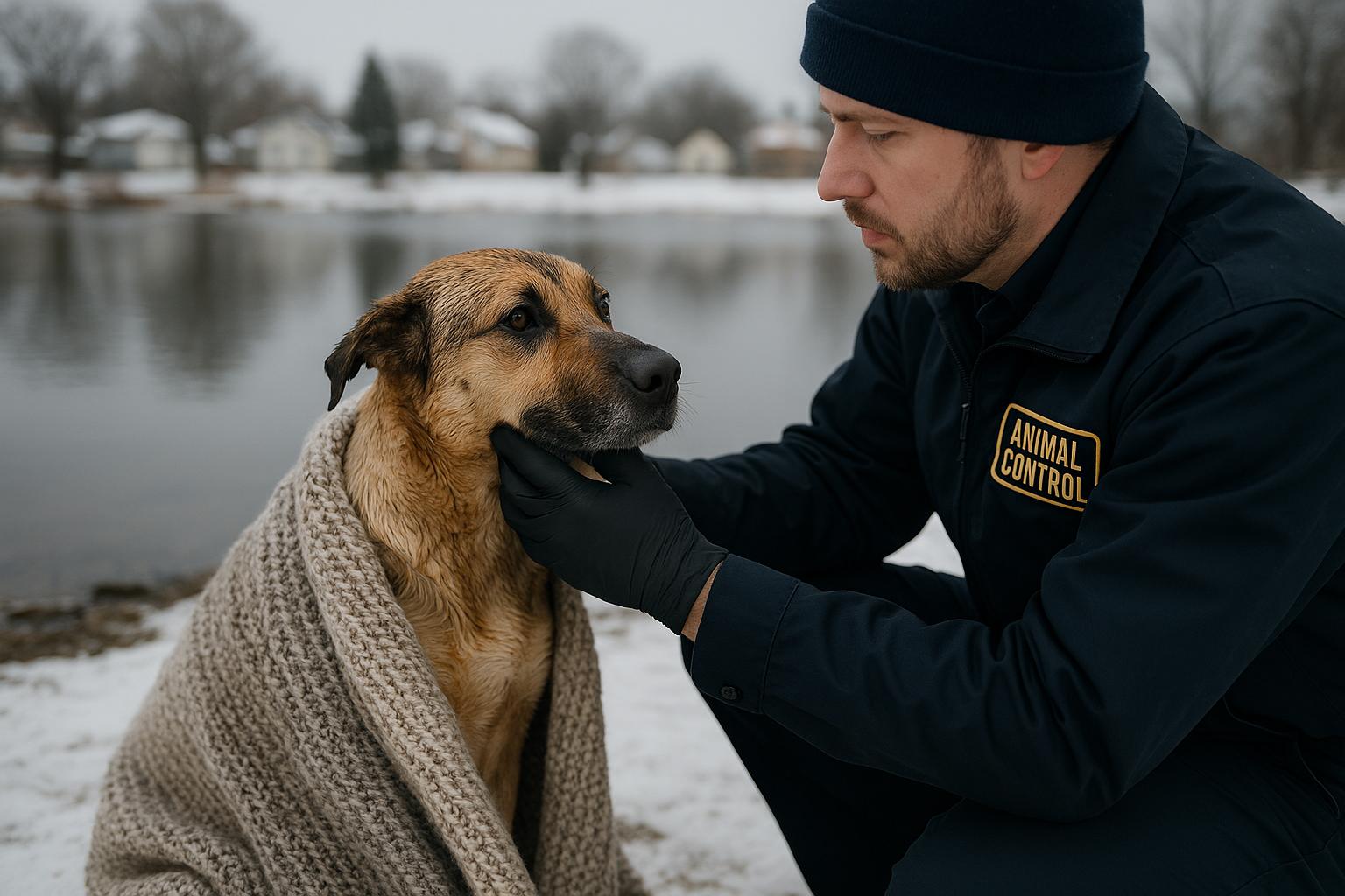 A rescued dog wrapped in a blanket on the snowy shore of a pond as an animal control officer checks the animal.
