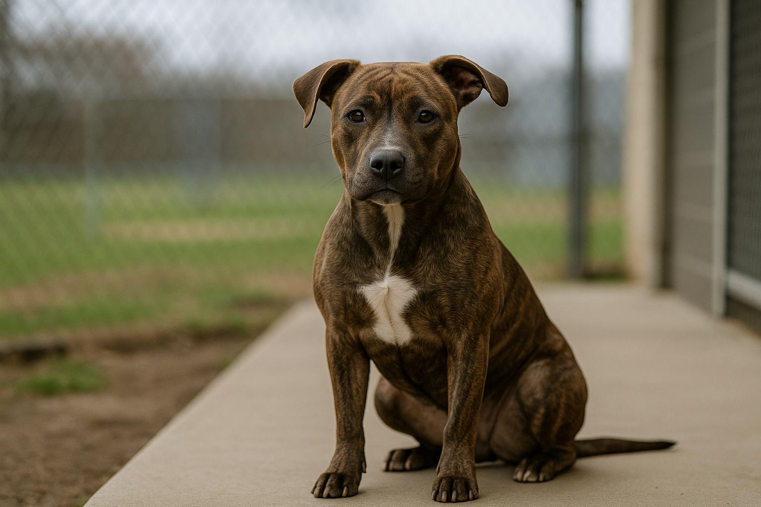 Angel, a year-old female pit bull mix, sitting on a kennel porch at the Sandusky County Dog Kennel in Fremont