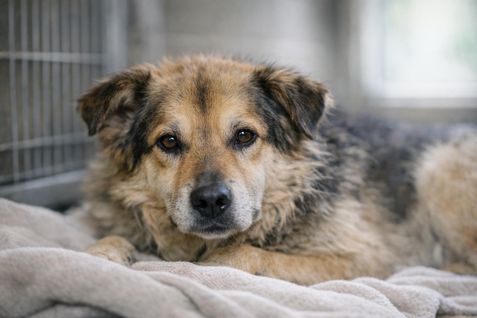 Mixed-breed adult dog with slightly matted fur resting on a blanket in a shelter kennel under soft natural light.