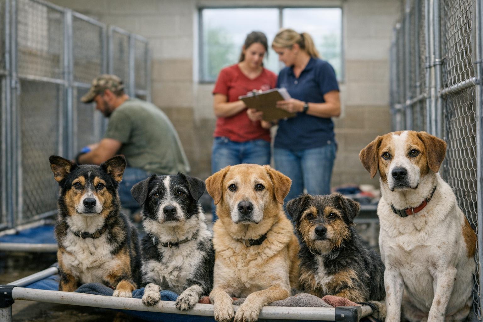 Mixed-breed dogs in a rescue center kennel with volunteers checking records, Gallatin, Tennessee