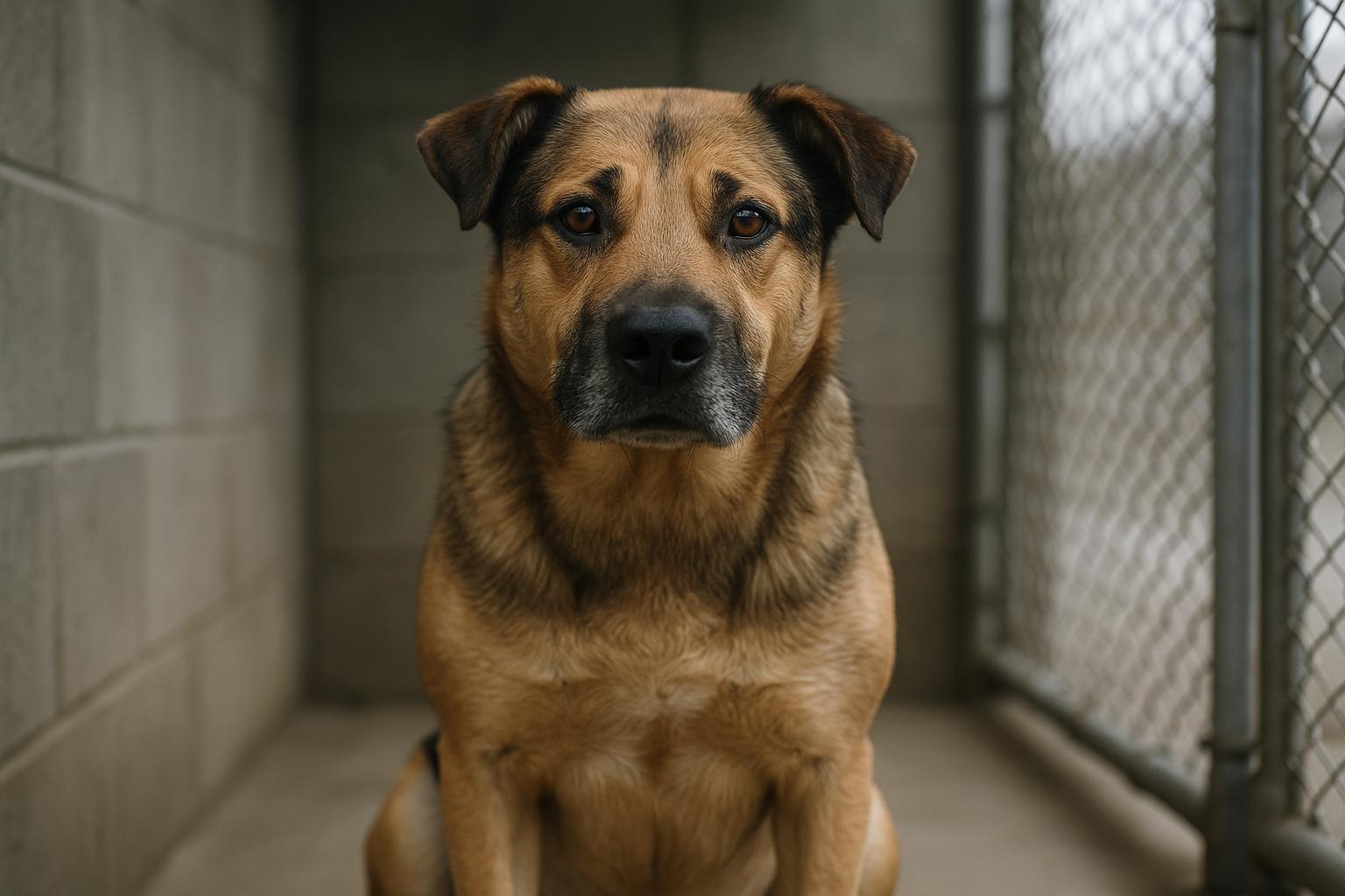 Adult mixed-breed dog sitting in a shelter kennel under soft diffused light