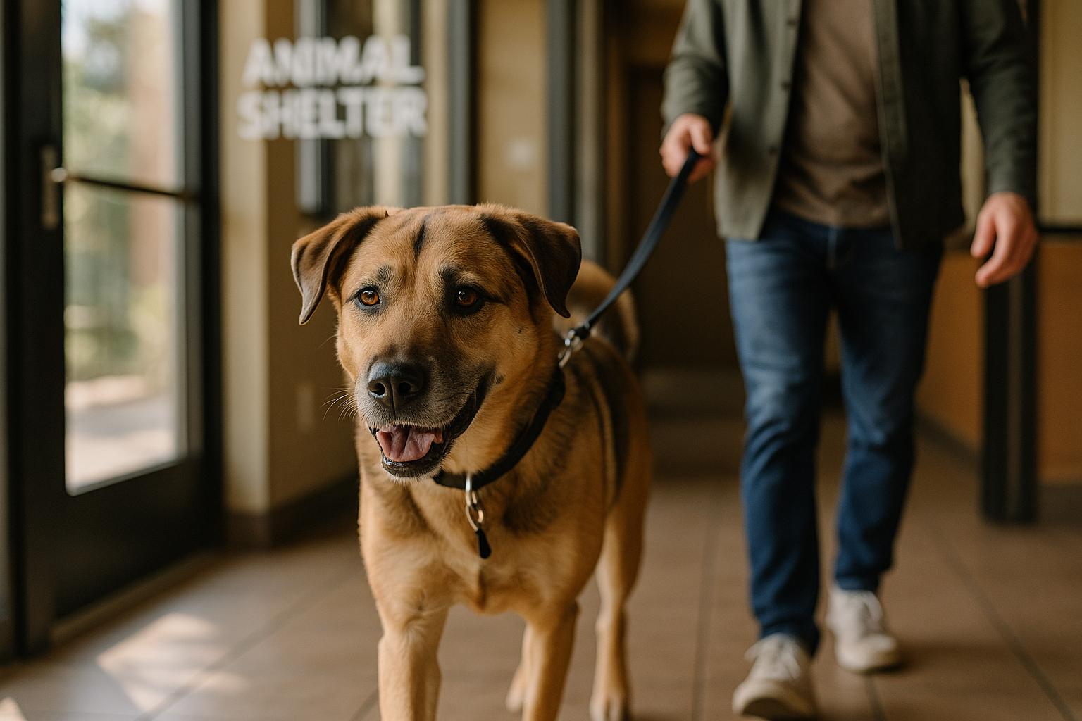 Adult mixed-breed dog being led out of an Animal Rescue League of Iowa shelter by a new adopter
